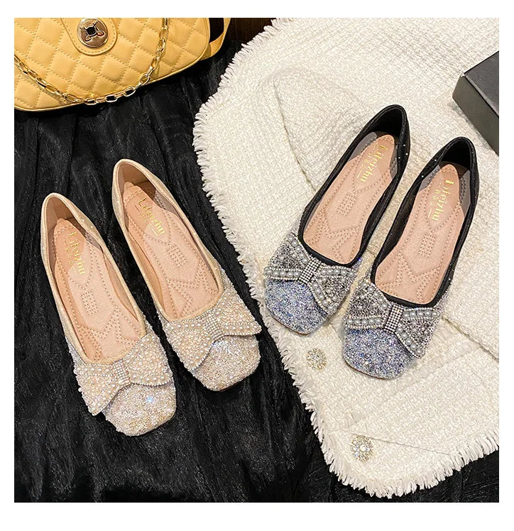 Plus Size 35-43 Women Shoes Flat Heel Wedding Party Shoes Square Toe Office Lady Shoes Pearls Crystal Diamonds Decoration