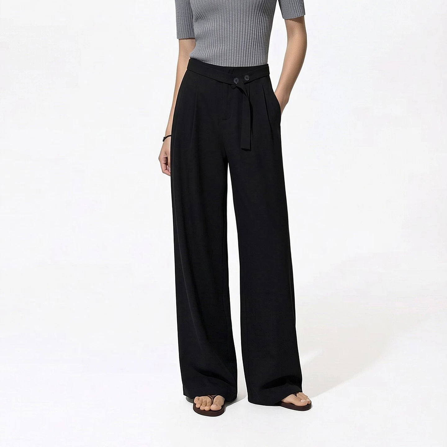 Amii Women's Pants 2026 Summer New Asymmetric Belted Linen Blend Casual Trousers Office Straight Versatile Women Pants 12642083