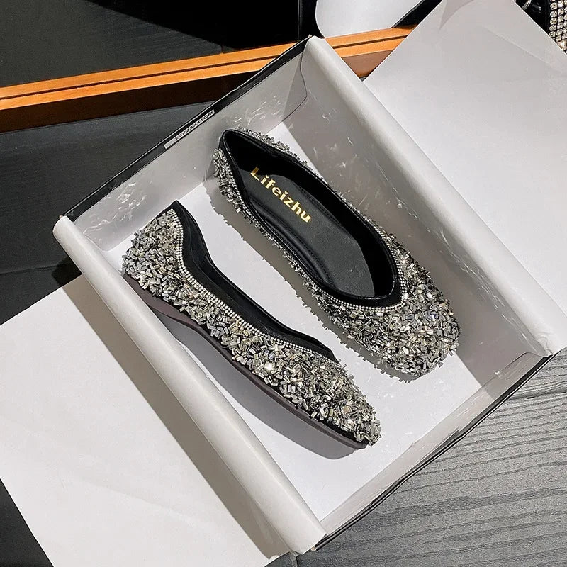Plus Size 35-43 Women Shoes Flat Heel Wedding Party Shoes Square Toe Office Lady Shoes Pearls Crystal Diamonds Decoration