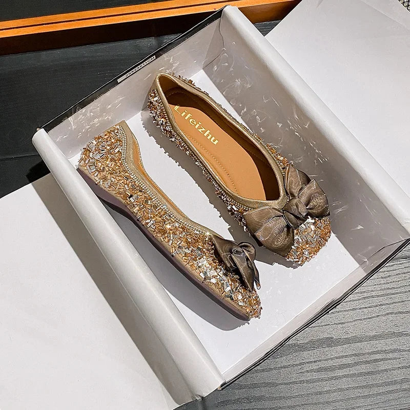 Plus Size 35-43 Women Shoes Flat Heel Wedding Party Shoes Square Toe Office Lady Shoes Pearls Crystal Diamonds Decoration