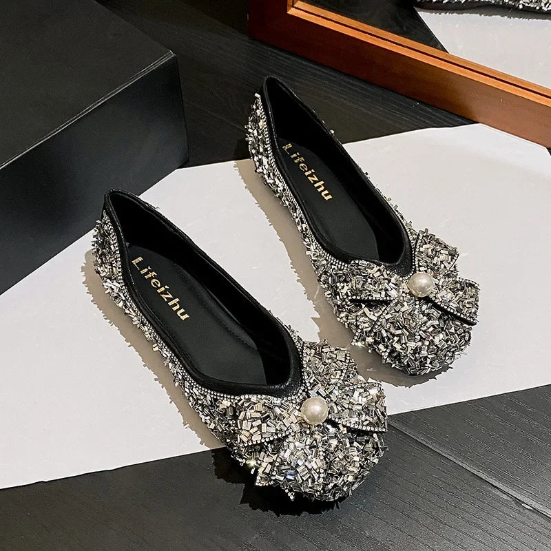 Plus Size 35-43 Women Shoes Flat Heel Wedding Party Shoes Square Toe Office Lady Shoes Pearls Crystal Diamonds Decoration