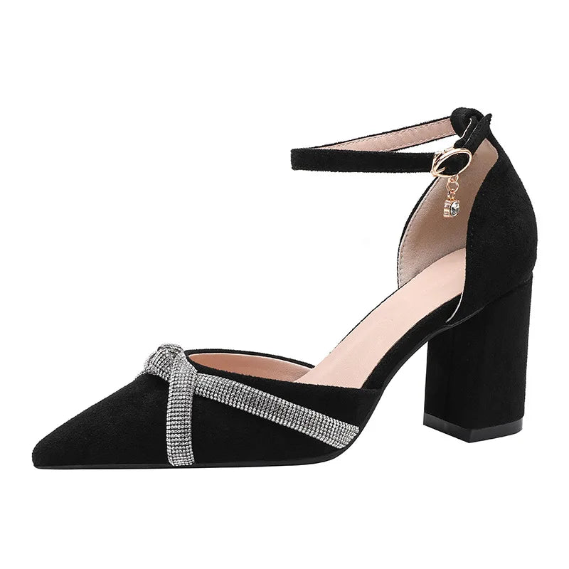 Toe High Heels Women Shoes Solid Color Ankle Strap Rhinestone Black