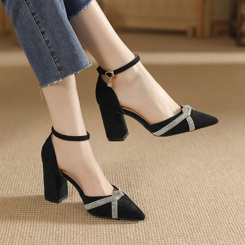 Toe High Heels Women Shoes Solid Color Ankle Strap Rhinestone Black