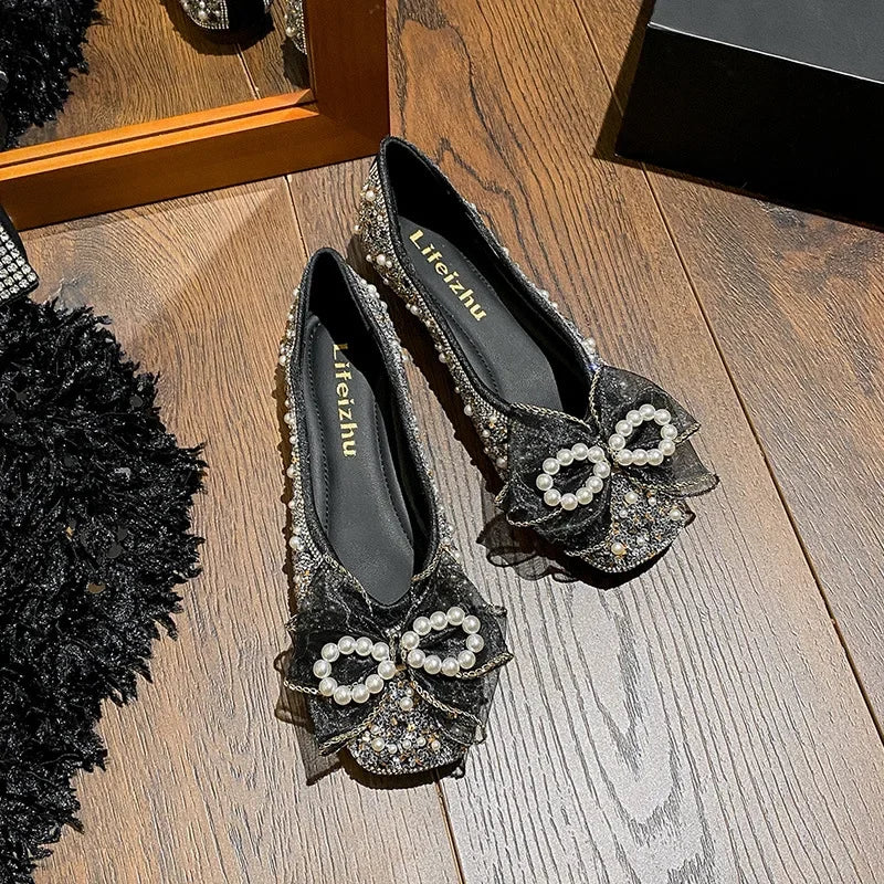 Plus Size 35-43 Women Shoes Flat Heel Wedding Party Shoes Square Toe Office Lady Shoes Pearls Crystal Diamonds Decoration