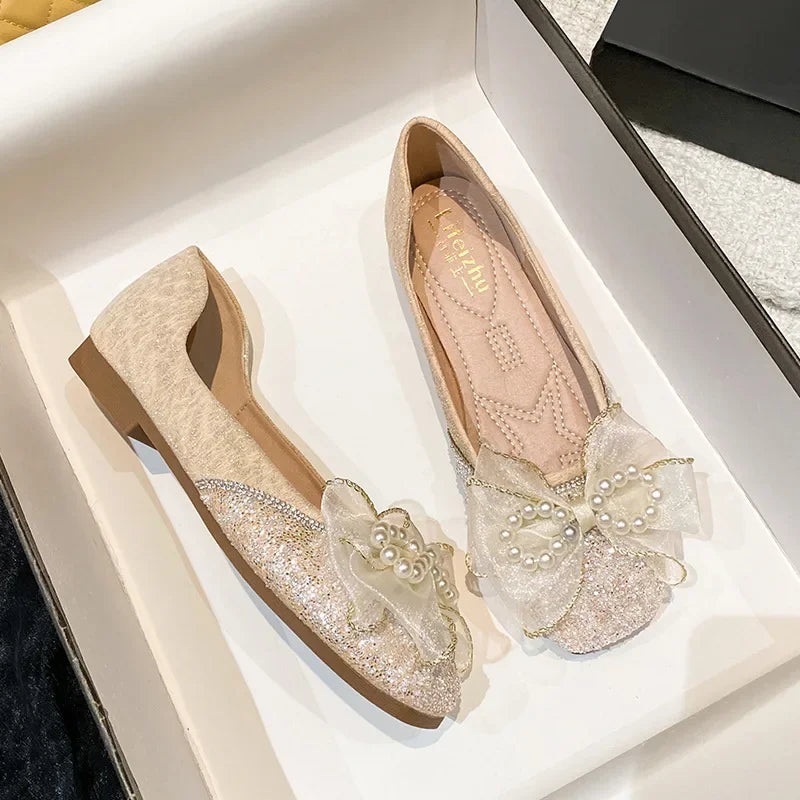 Plus Size 35-43 Women Shoes Flat Heel Wedding Party Shoes Square Toe Office Lady Shoes Pearls Crystal Diamonds Decoration