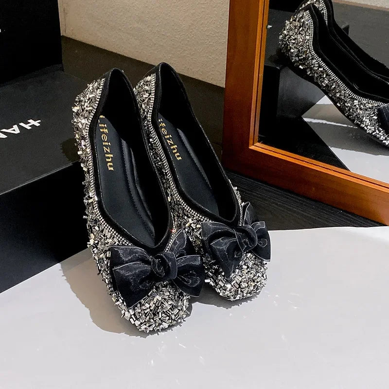 Plus Size 35-43 Women Shoes Flat Heel Wedding Party Shoes Square Toe Office Lady Shoes Pearls Crystal Diamonds Decoration