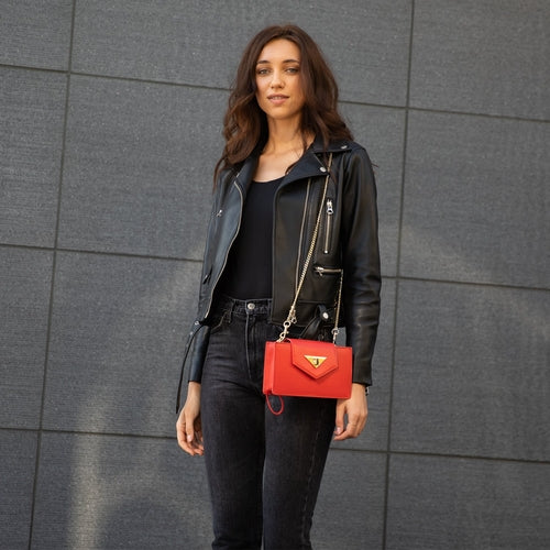 Mini sac bandoulière en cuir rouge, pochette de poignet pour femme