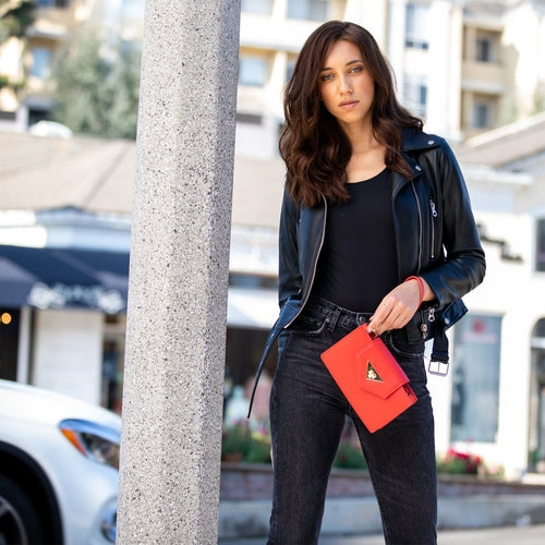 Mini sac bandoulière en cuir rouge, pochette de poignet pour femme
